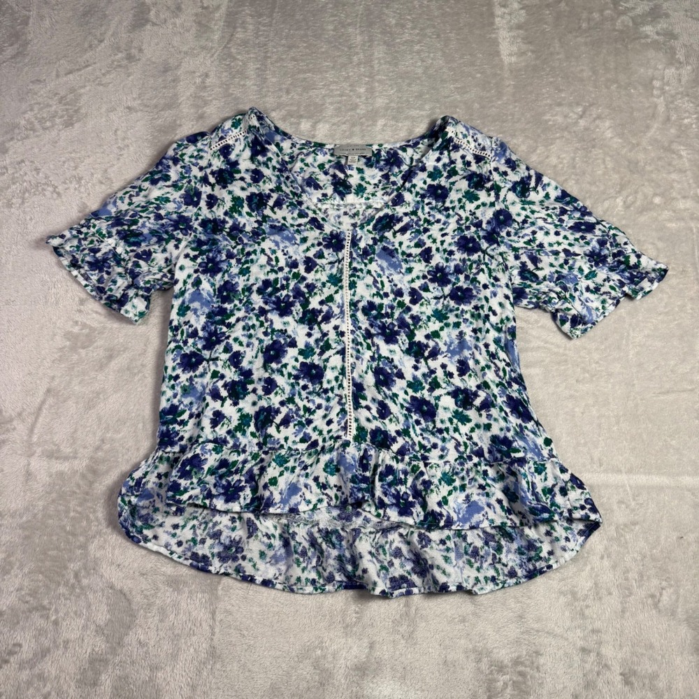 Lucky Brand Womens Small Blue‎ Floral Viscose V-Neck Ruffle Peplum Blouse Top
